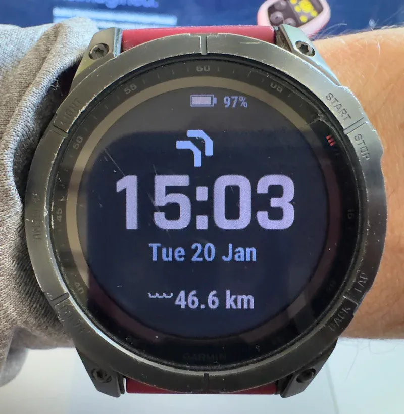BeatBuddy Pro Watch Face showing 46.6 km weekly swimming distance