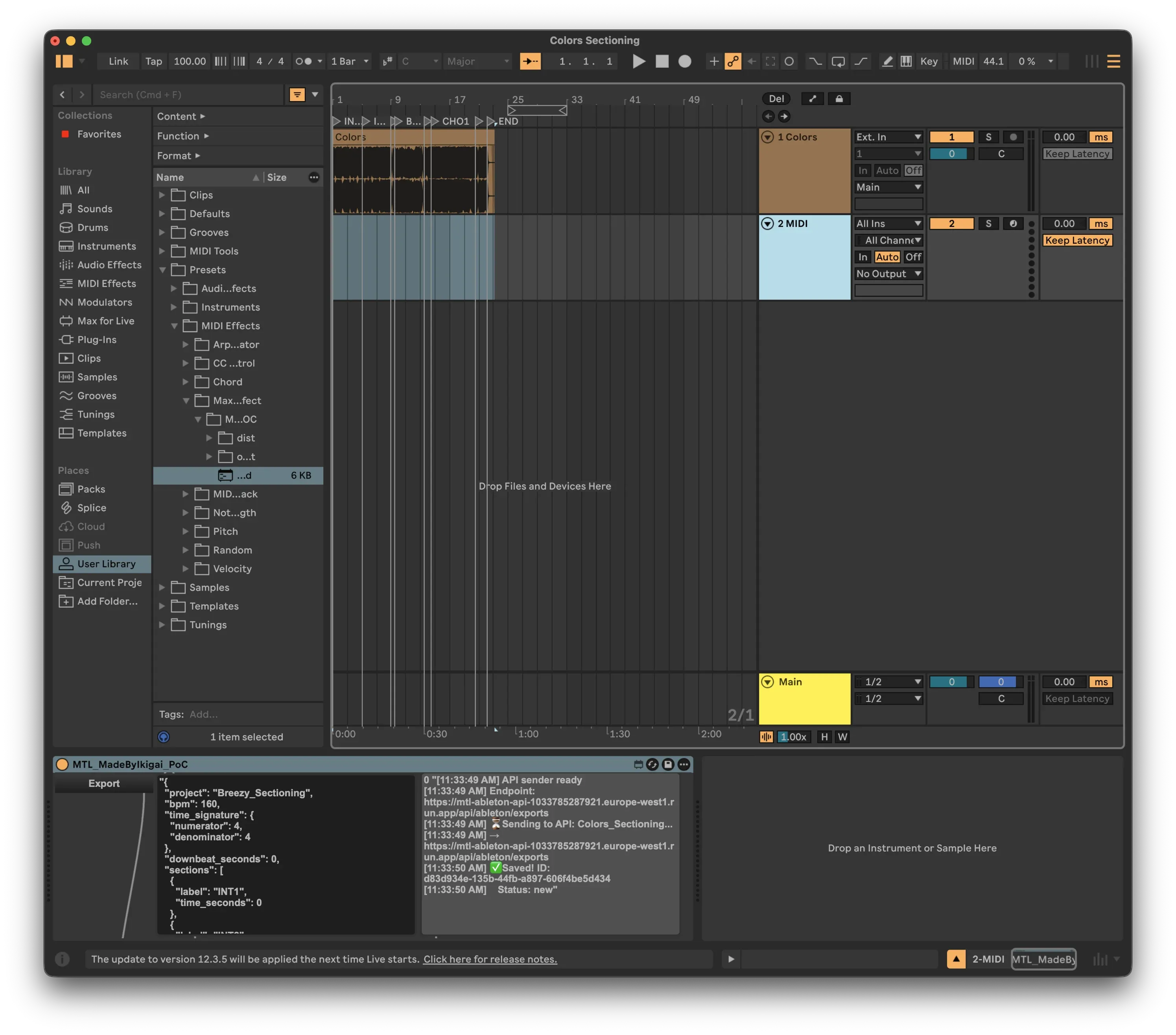 Ableton Live with Max for Live device sending data to Cloud API