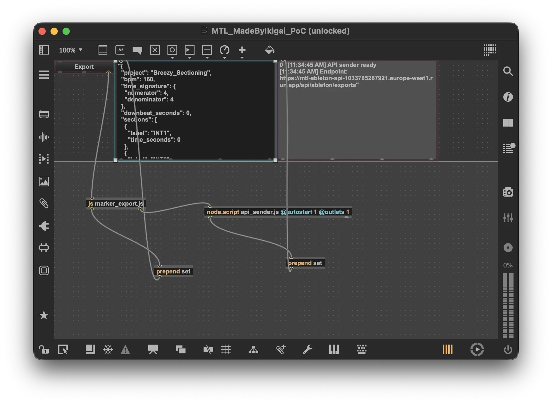 Max for Live patcher with node.script for API communication
