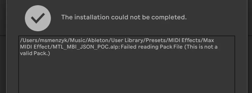 Ableton Pack error - This is not a valid Pack