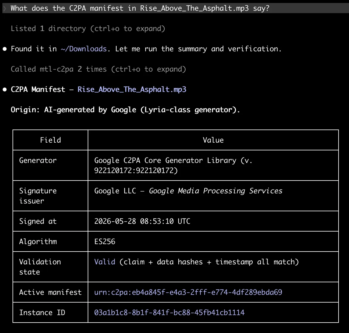 C2PA manifest summary rendered in Claude Code for a Lyria-generated MP3
