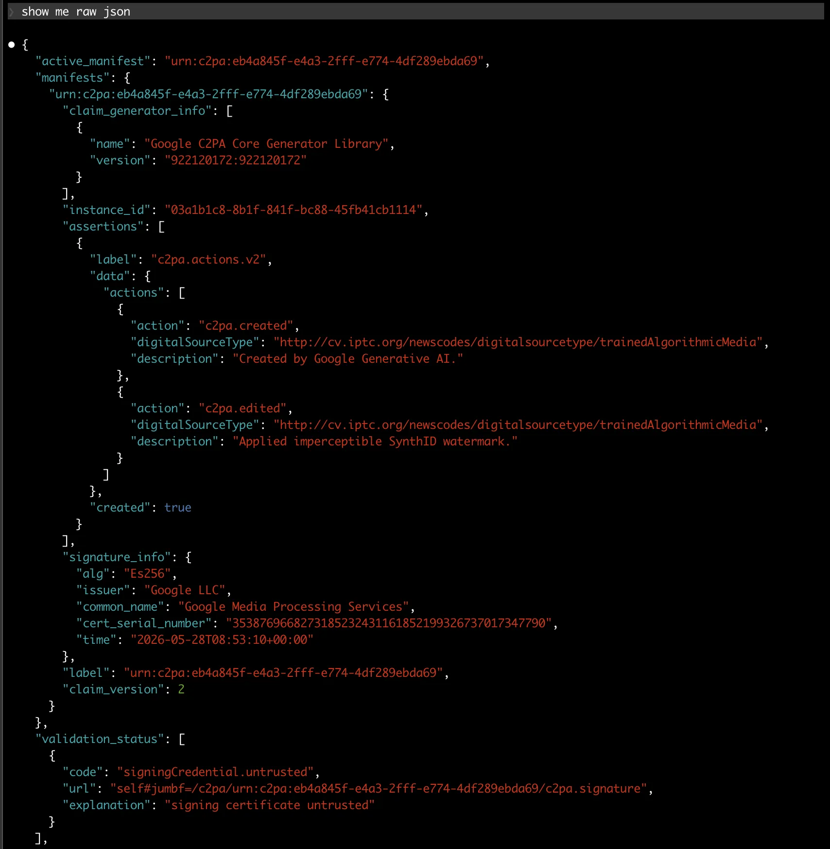 Raw C2PA manifest JSON returned by c2pa_read in Claude Code