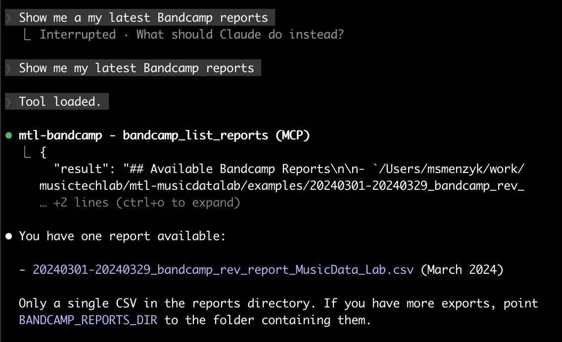 Listing available Bandcamp reports in Claude Code
