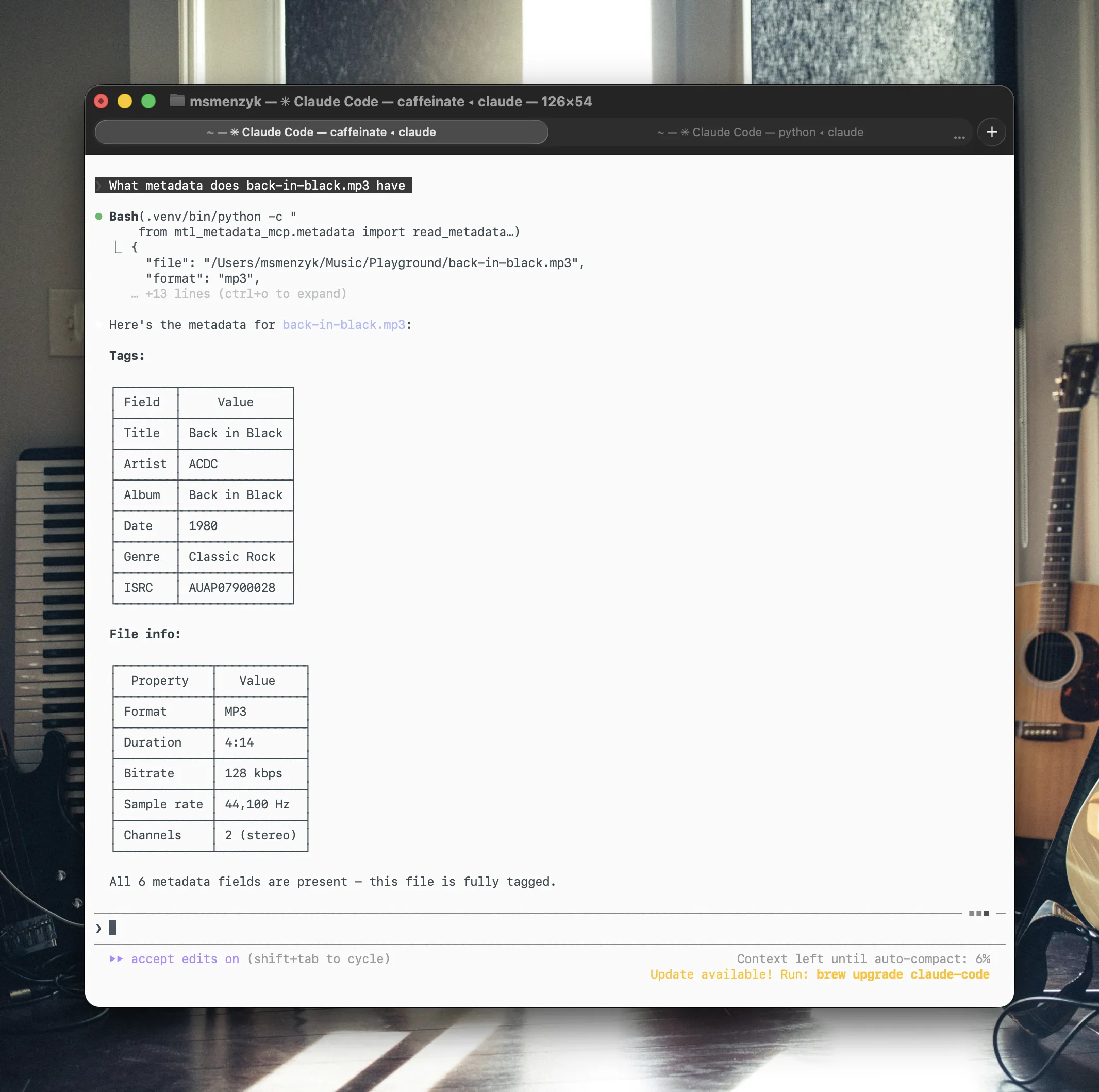 Reading metadata from back-in-black.mp3 in Claude Code