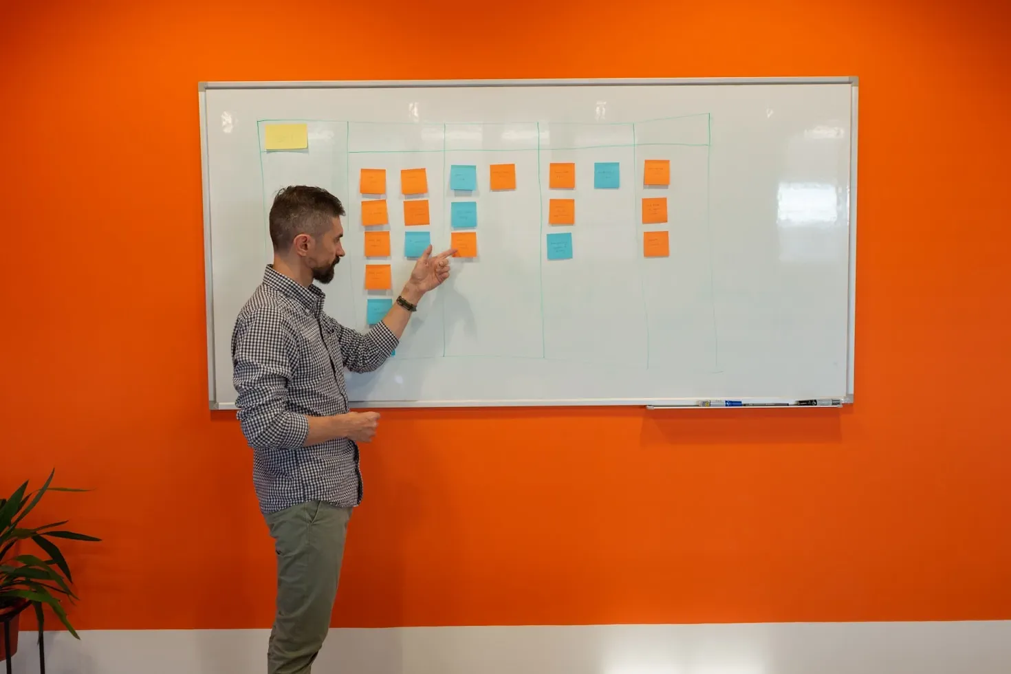 Team planning product features on a whiteboard with sticky notes