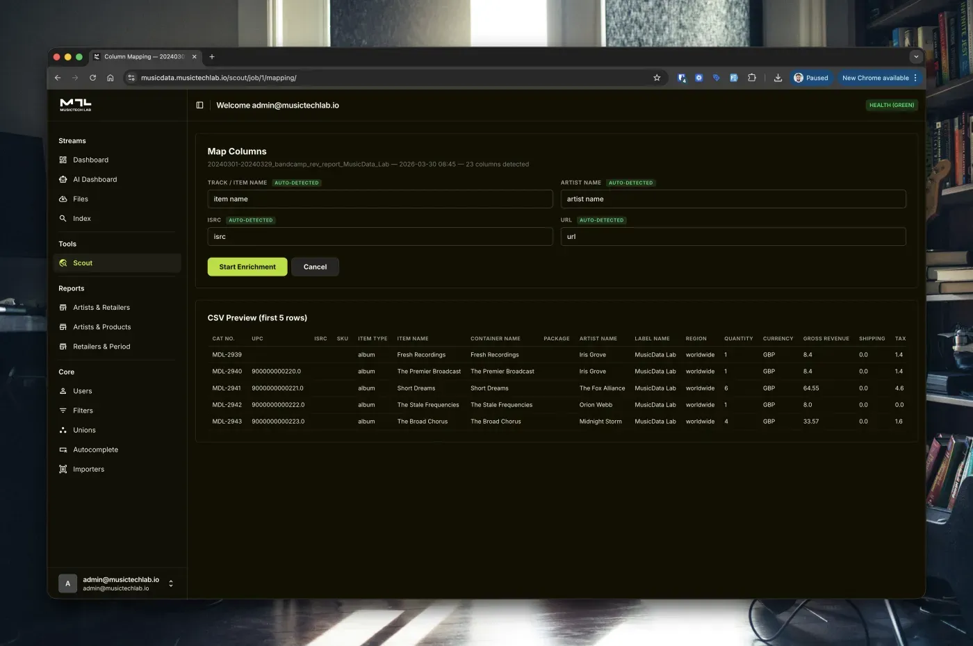 Scout column mapping with auto-detected fields and CSV preview