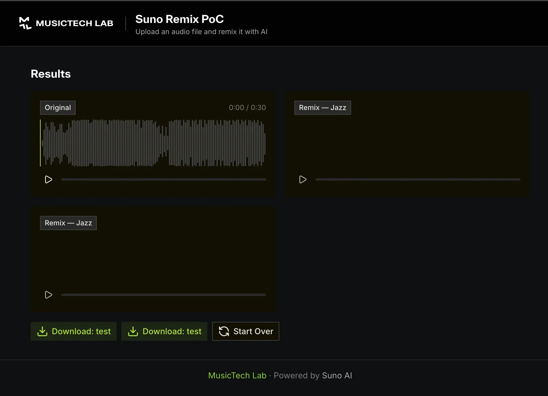 Results - original and remixed audio with WaveSurfer.js waveforms