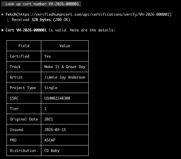 Looking up cert VH-2026-000001 in Claude Code
