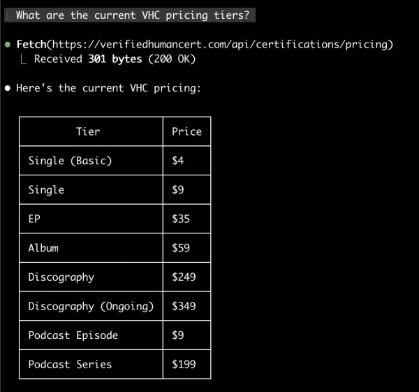 Querying VHC pricing tiers in Claude Code
