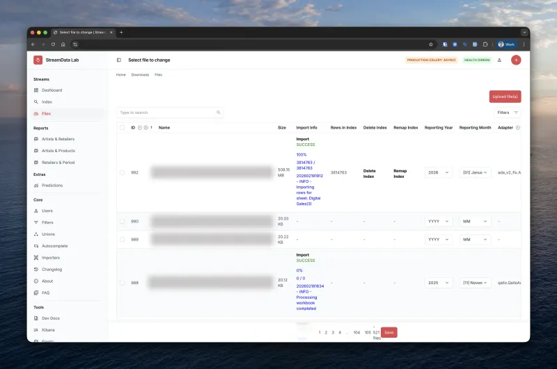 File uploader — importing distributor royalty files with status tracking