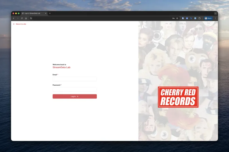 StreamData Lab — login page with CherryRed Records branding