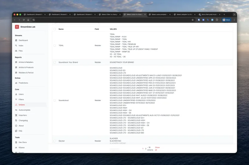 Entity mapping — normalizing retailer names across distributors (TuneCore, Soundcloud, Slacker)